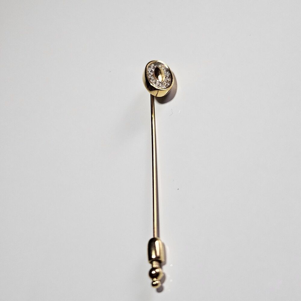 Vintage Trifari Lapel Stick Pin Gold Tone Rhinestone Oval Hat Pin Signed